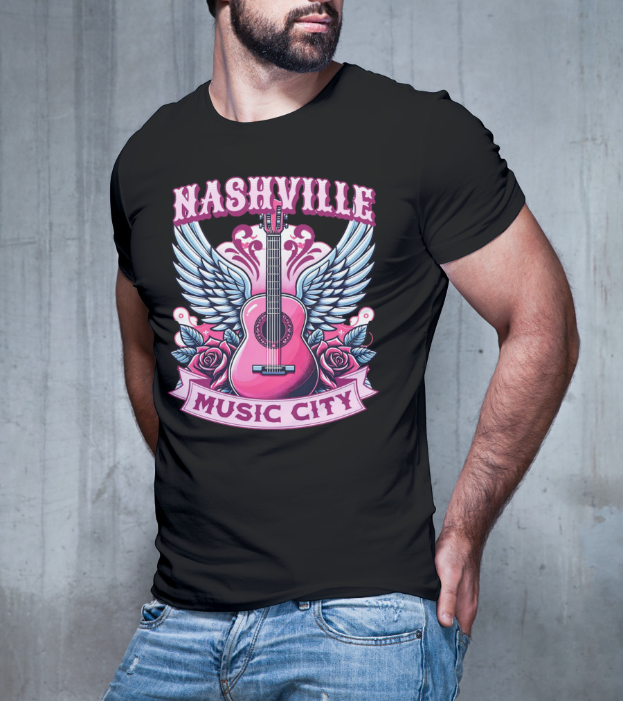 Nashville Music City Pink Guitar Wings Roses T-Shirt