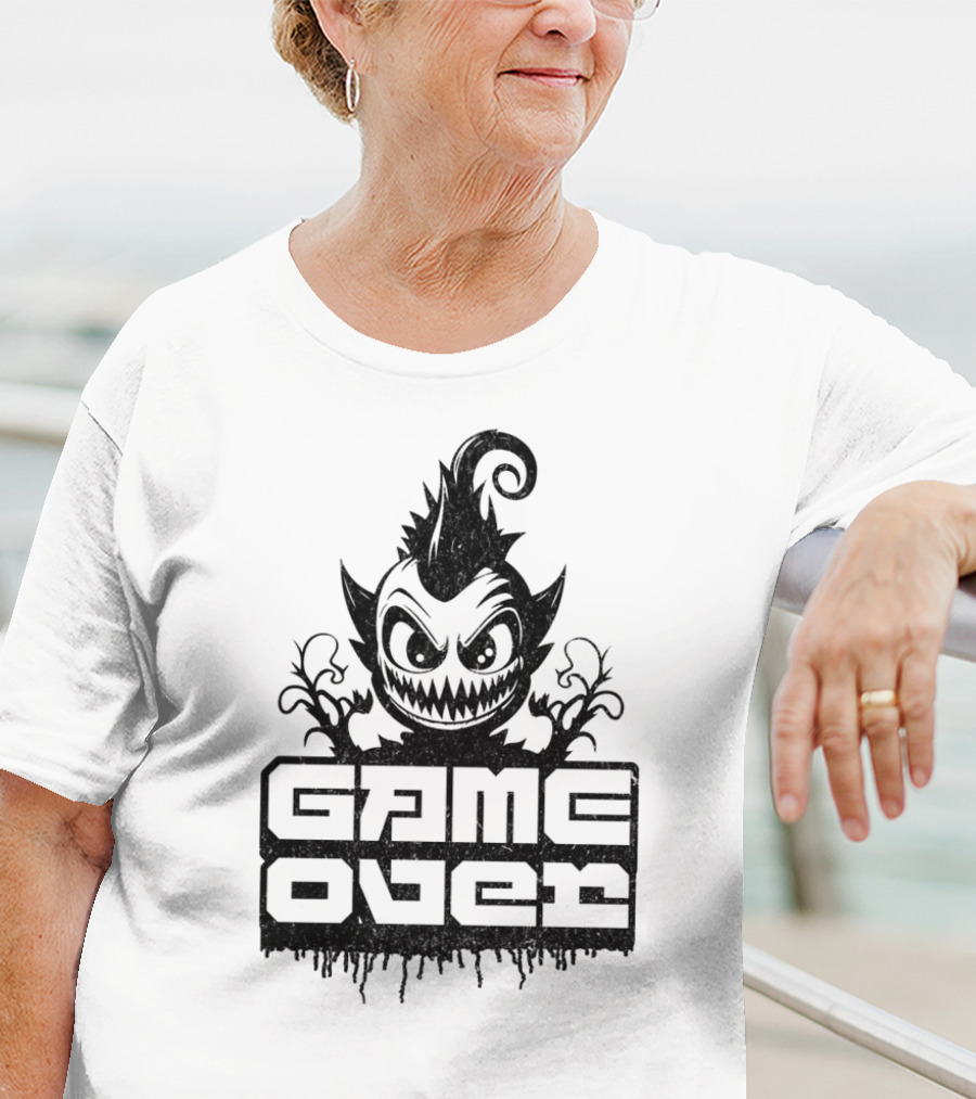 GAME OVER Creepy Monster Icon With Sharp Teeth And Spiky Hair T-Shirt