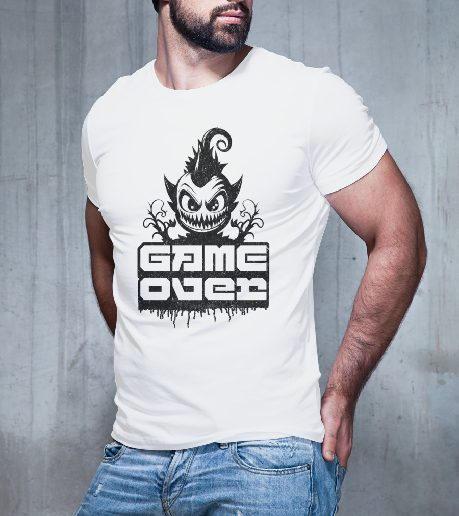 GAME OVER Creepy Monster Icon With Sharp Teeth And Spiky Hair T-Shirt