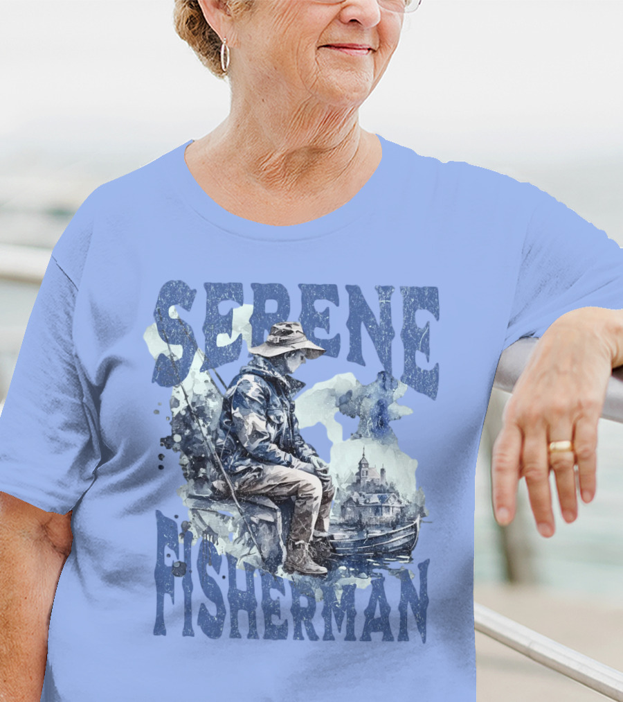 Serene Fisherman In Tranquil Lakeside Town With Boat And Reflection T-Shirt