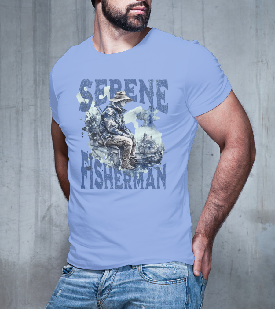 Serene Fisherman In Tranquil Lakeside Town With Boat And Reflection T-Shirt