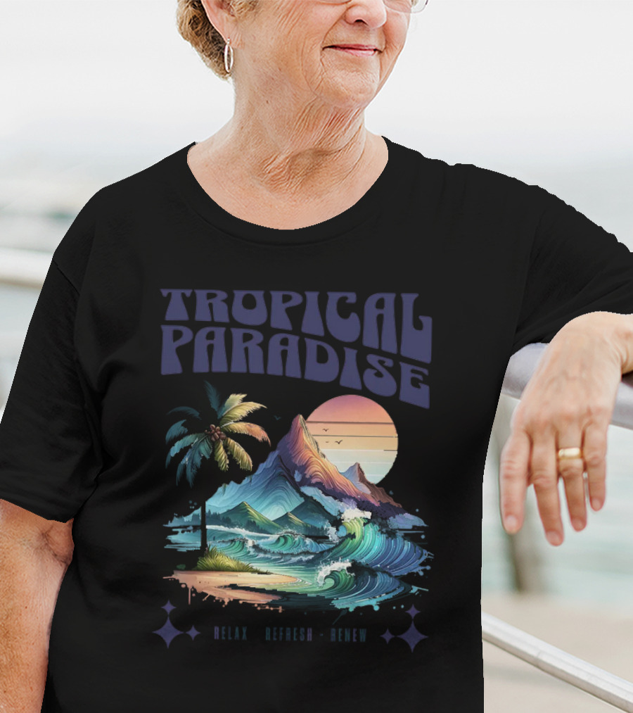 Tropical Paradise Palm Waves Island Horizon Sunset T-Shirt