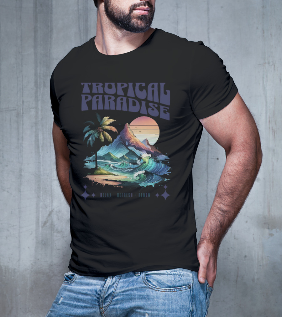 Tropical Paradise Palm Waves Island Horizon Sunset T-Shirt