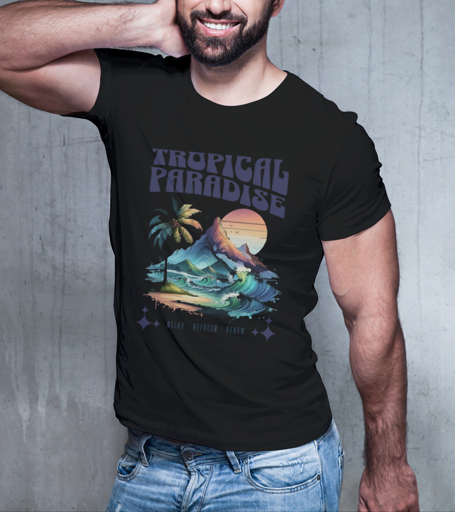 Tropical Paradise Palm Waves Island Horizon Sunset T-Shirt