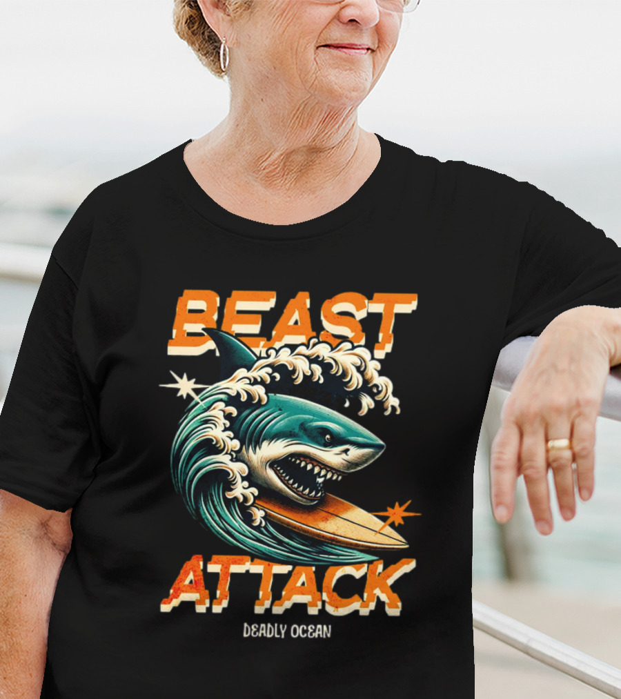 Beast Attack Deadly Ocean Shark Wave Surfboard T-Shirt