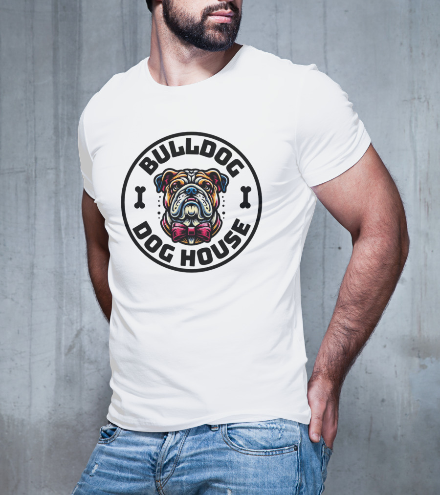 BULLDOG DOG HOUSE Bow Tie Dog Bone Circle T-Shirt