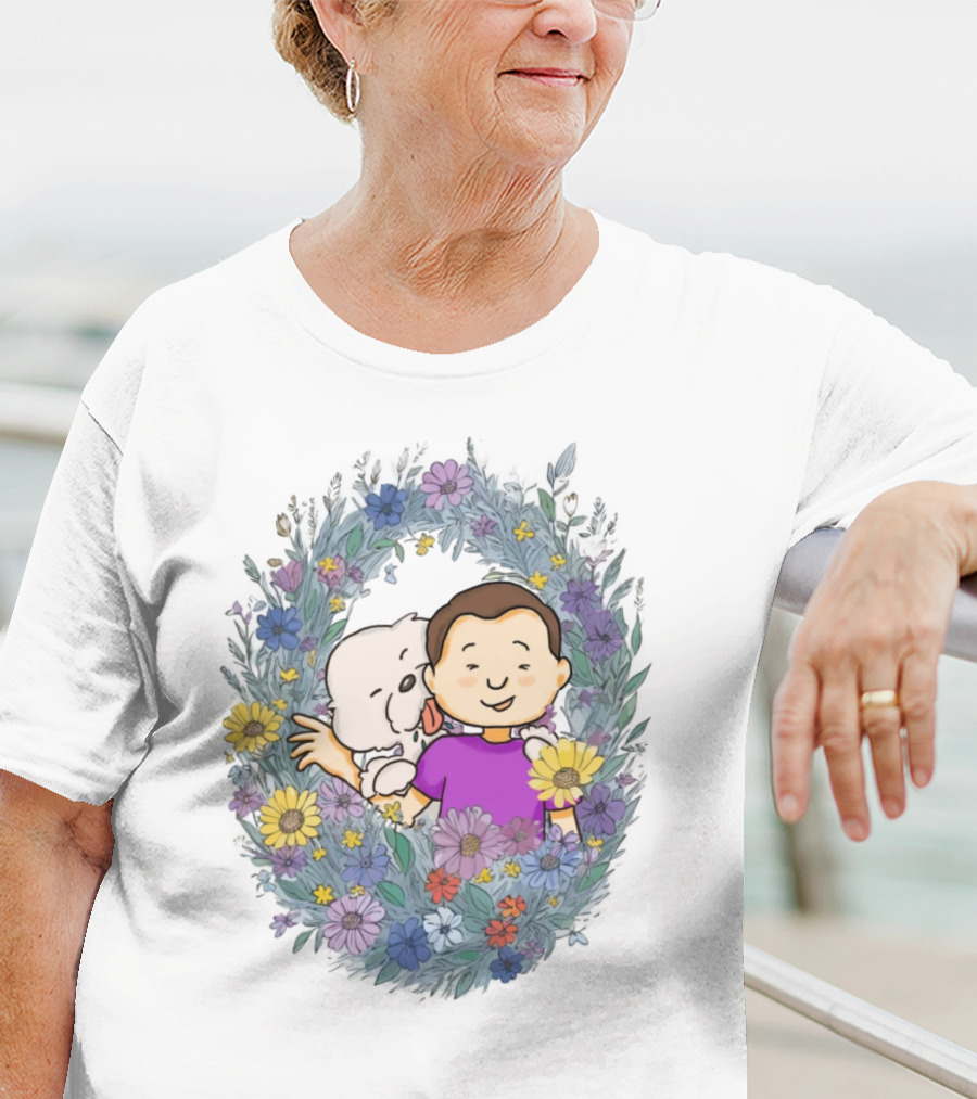 Dog Dad Cartoon Embrace In Floral Frame T-Shirt