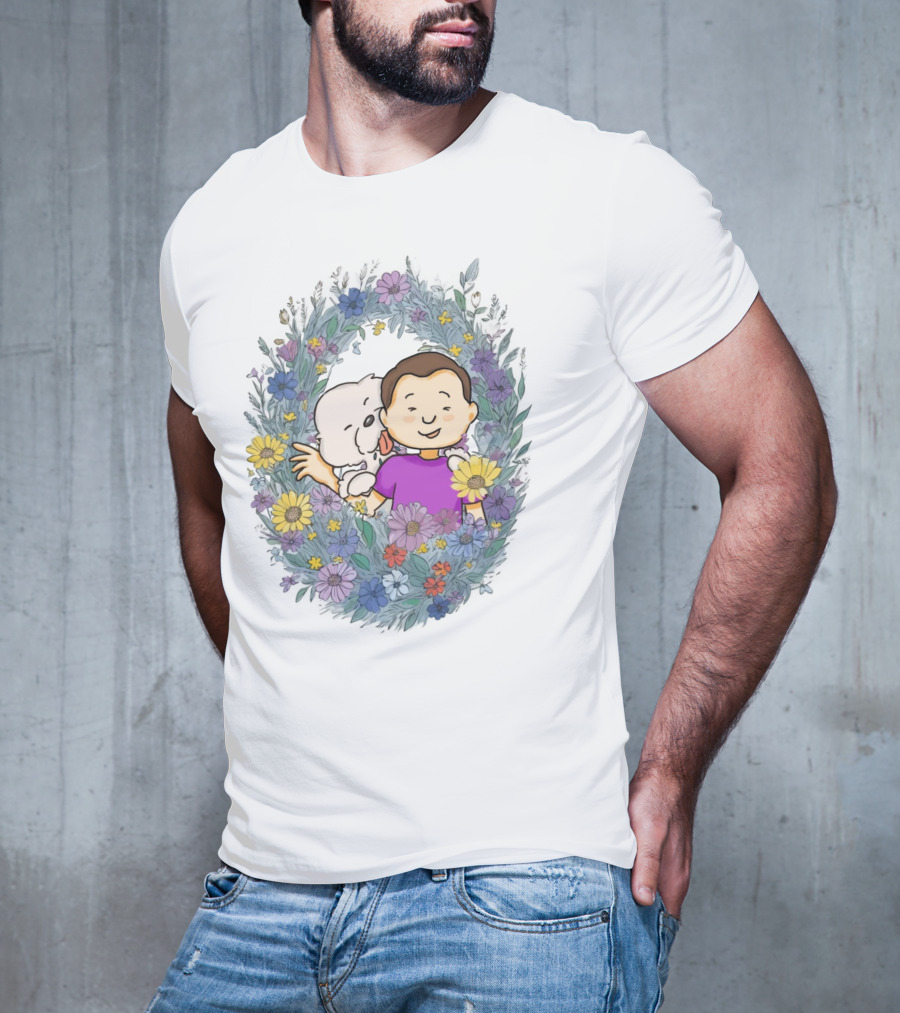 Dog Dad Cartoon Embrace In Floral Frame T-Shirt