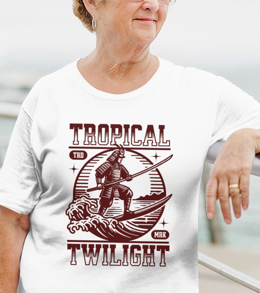Tropical Twilight Surfing Samurai On Waves In Sunset Scene With TRD MRK T-Shirt
