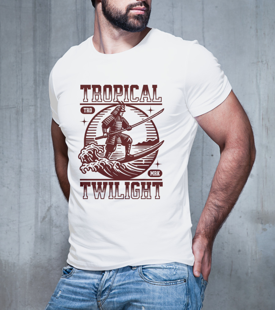 Tropical Twilight Surfing Samurai On Waves In Sunset Scene With TRD MRK T-Shirt