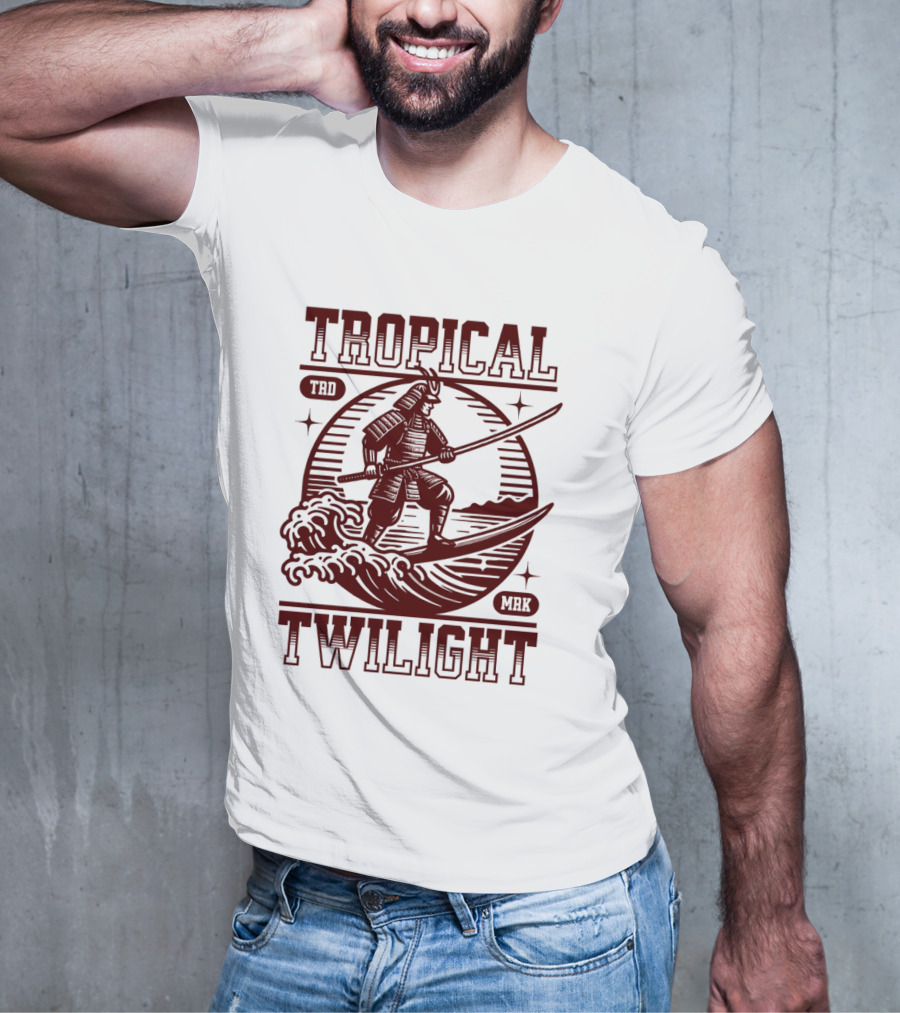 Tropical Twilight Surfing Samurai On Waves In Sunset Scene With TRD MRK T-Shirt