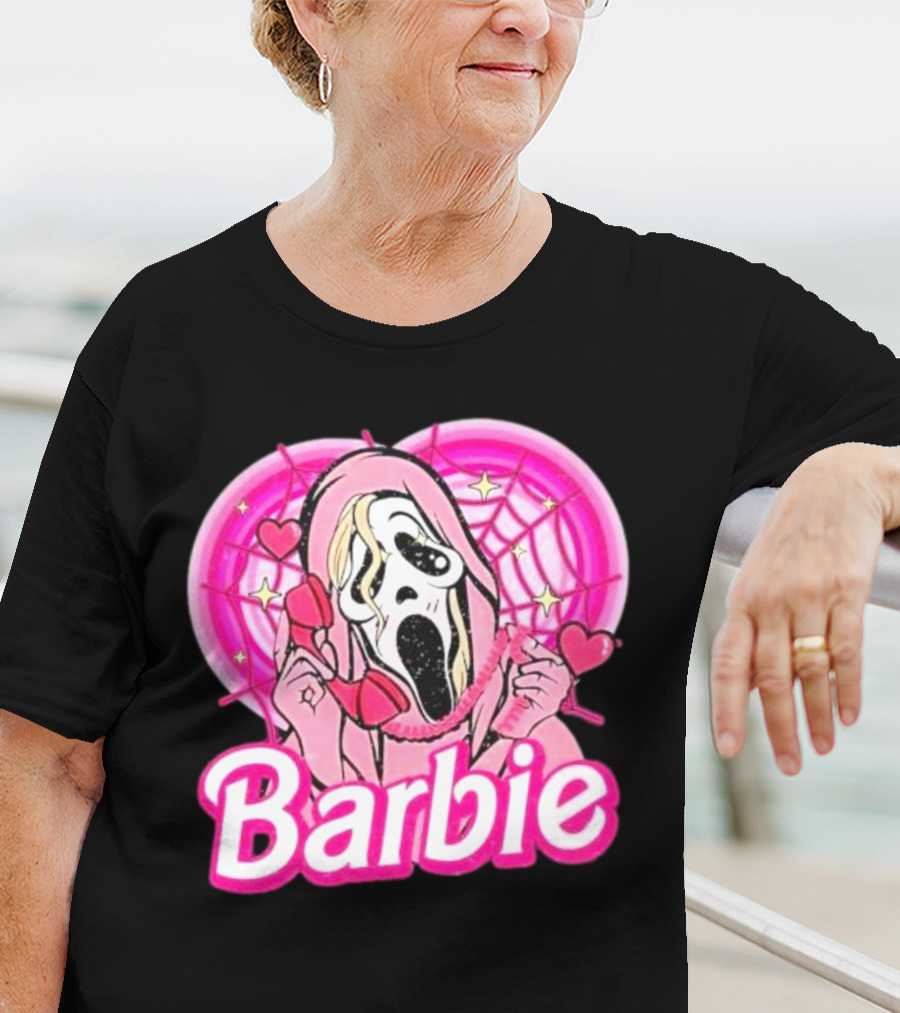 Barbie Horror Doll Ghost Face With Hearts And Pink Spiderwebs T-Shirt