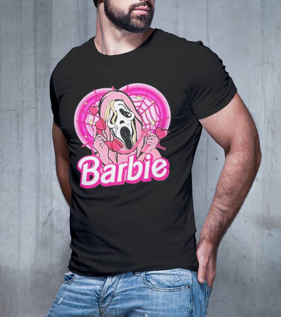 Barbie Horror Doll Ghost Face With Hearts And Pink Spiderwebs T-Shirt