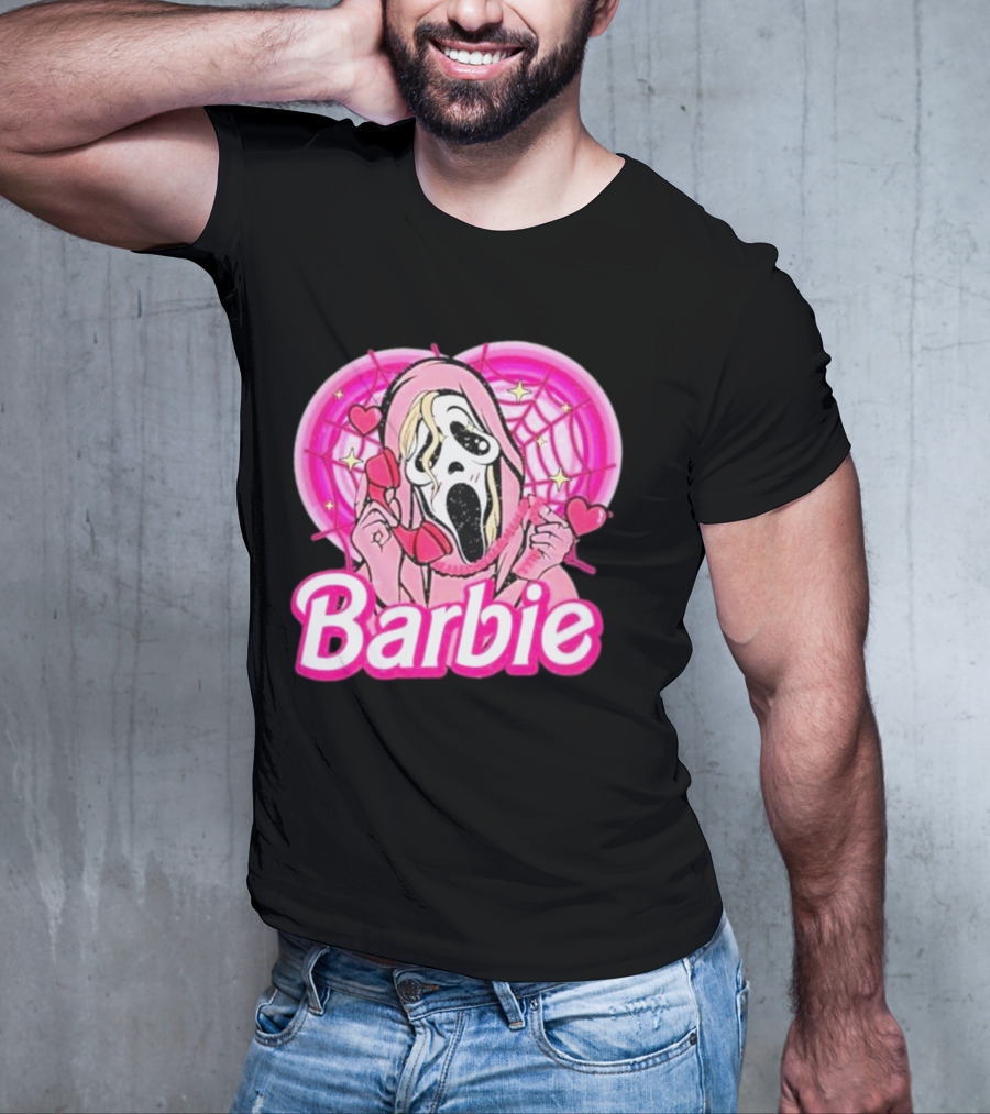 Barbie Horror Doll Ghost Face With Hearts And Pink Spiderwebs T-Shirt