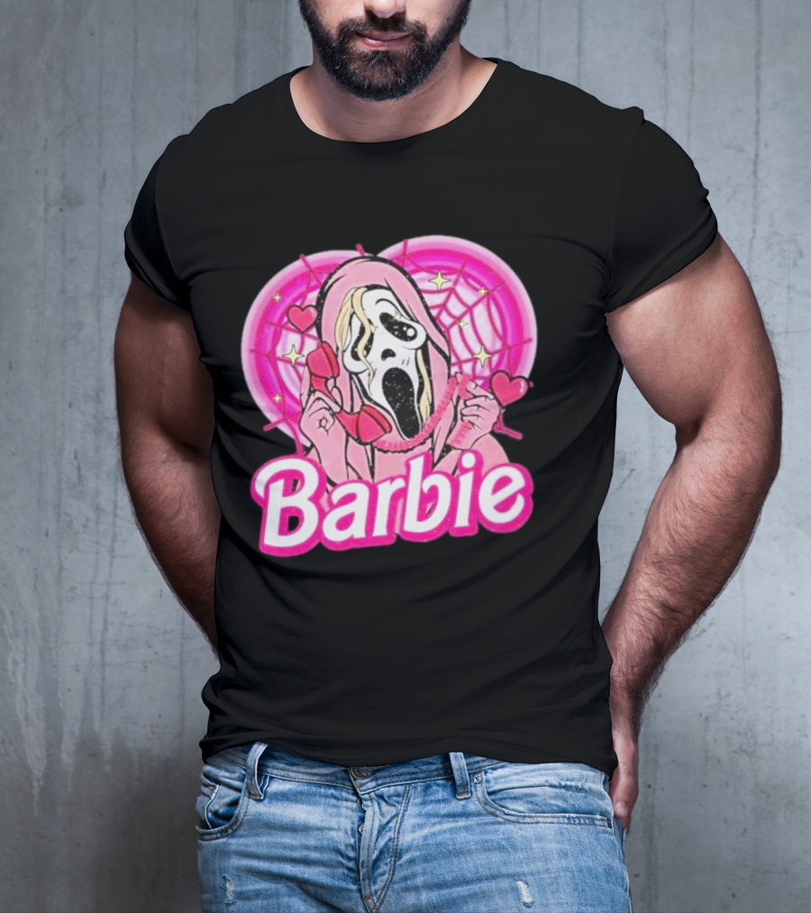 Barbie Horror Doll Ghost Face With Hearts And Pink Spiderwebs T-Shirt