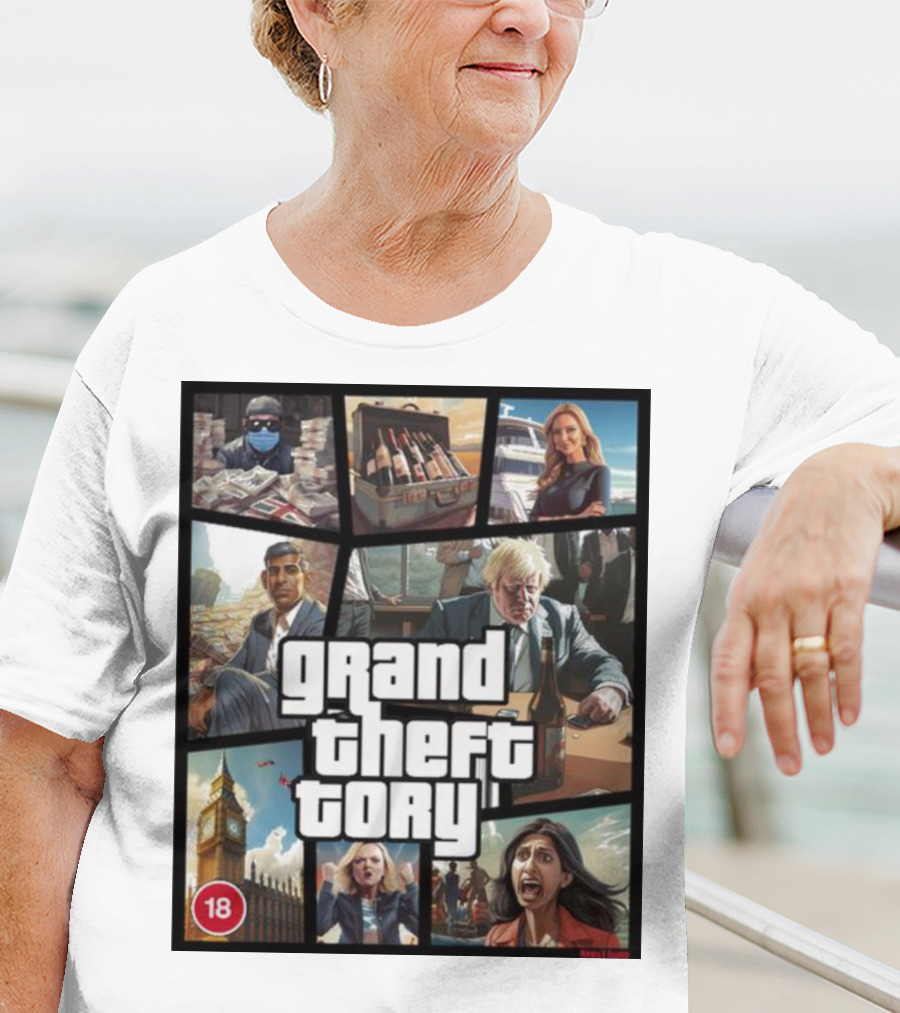Grand Theft Tory GTA Big Ben Crime Drama 18+ Rating T-Shirt