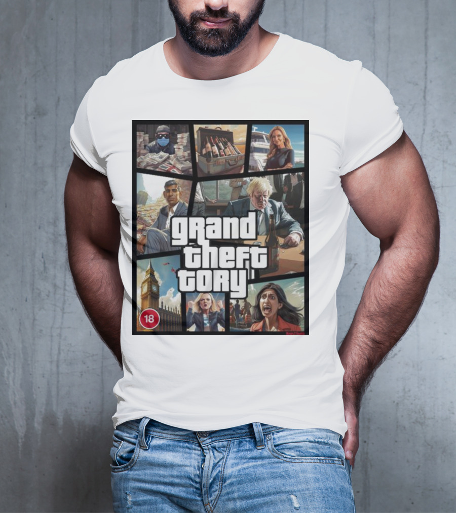 Grand Theft Tory GTA Big Ben Crime Drama 18+ Rating T-Shirt