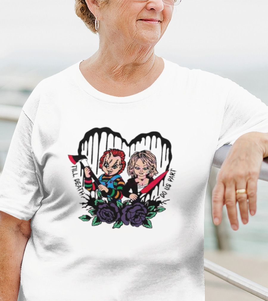 Chucky And Tiffany Till Death Do Us Part Horror Heart Roses T-Shirt
