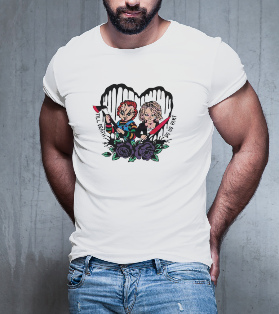 Chucky And Tiffany Till Death Do Us Part Horror Heart Roses T-Shirt