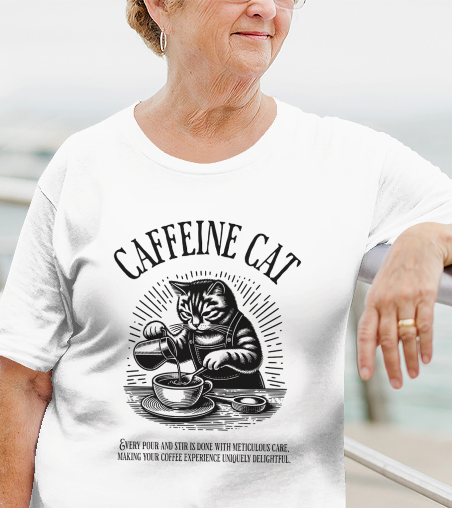 CAFFEINE CAT EVERY POUR AND STIR IS DONE WITH METICULOUS CARE MAKING YOUR COFFEE EXPERIENCE UNIQUELY DELIGHTFUL T-Shirt