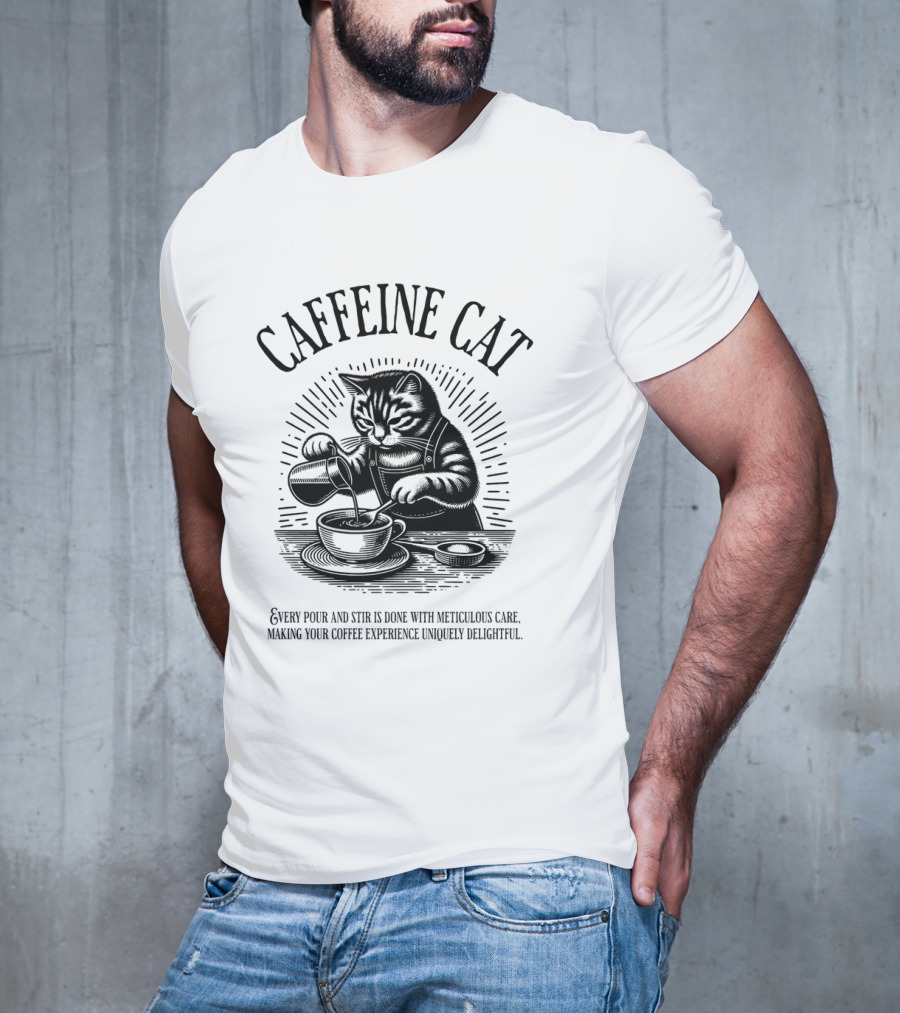 CAFFEINE CAT EVERY POUR AND STIR IS DONE WITH METICULOUS CARE MAKING YOUR COFFEE EXPERIENCE UNIQUELY DELIGHTFUL T-Shirt
