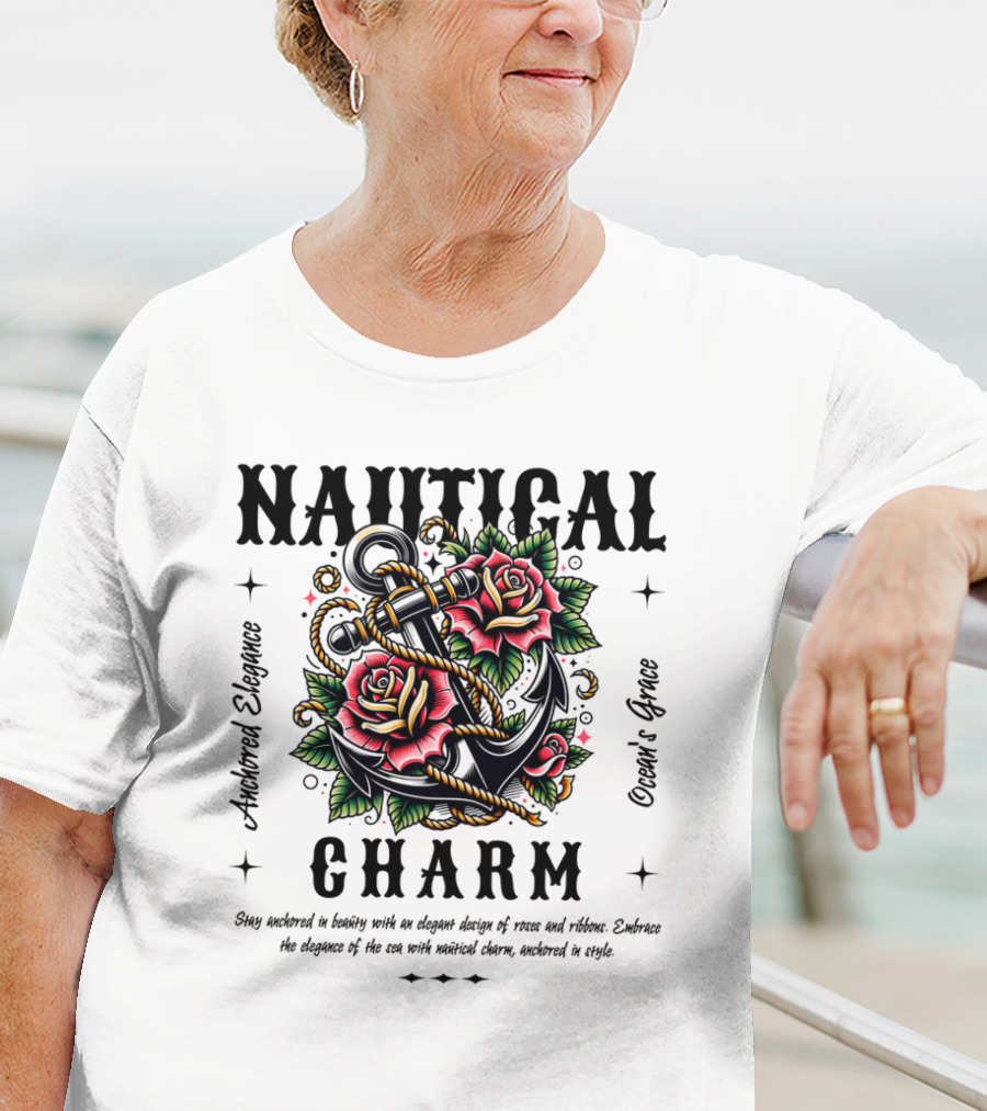 Nautical Charm Anchored Elegance Ocean's Grace Rose Ribbon T-Shirt