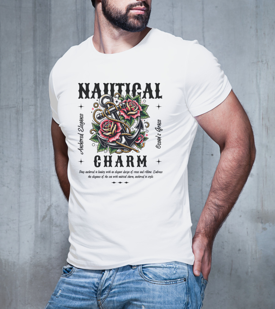 Nautical Charm Anchored Elegance Ocean's Grace Rose Ribbon T-Shirt