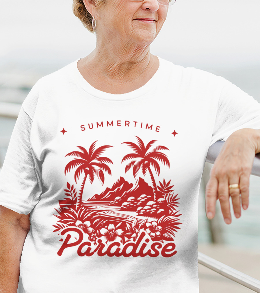 Summertime Paradise Palm Trees And Mountains Landscape T-Shirt