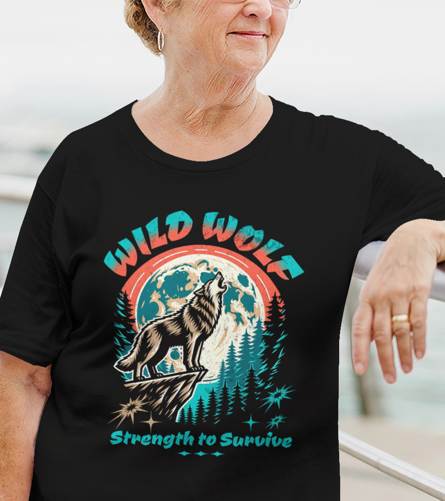 WILD WOLF Strength To Survive Full Moon Forest Scene T-Shirt