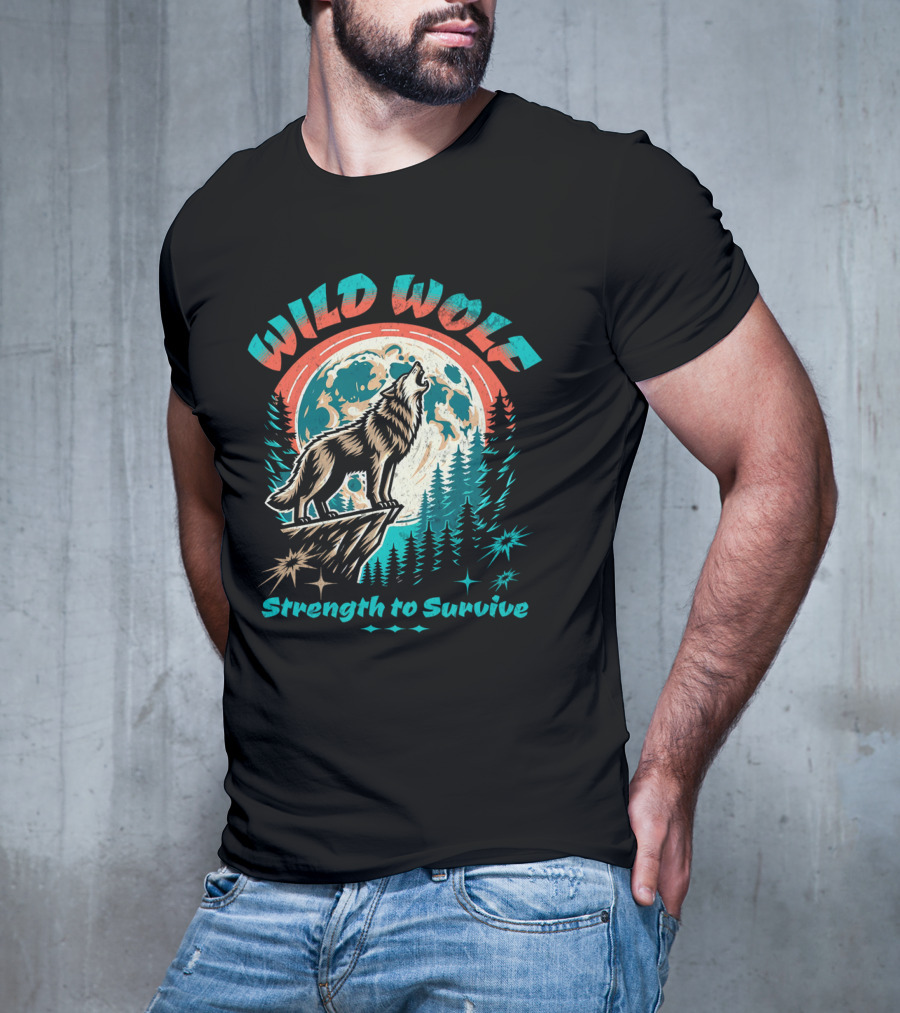 WILD WOLF Strength To Survive Full Moon Forest Scene T-Shirt