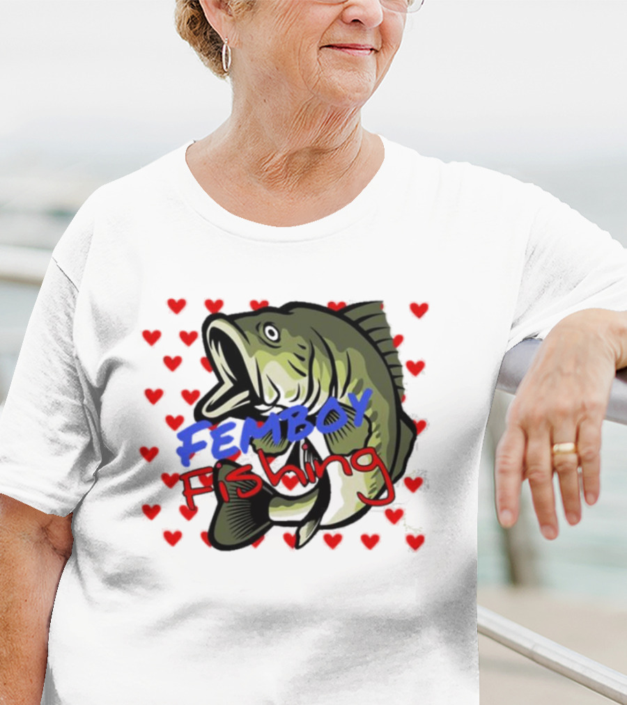 Femboy Fishing With Heart Pattern And Big Mouth Bass T-Shirt