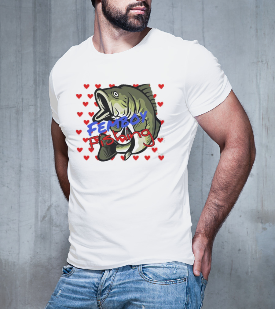 Femboy Fishing With Heart Pattern And Big Mouth Bass T-Shirt