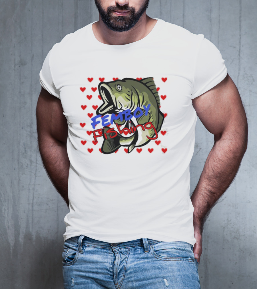 Femboy Fishing With Heart Pattern And Big Mouth Bass T-Shirt
