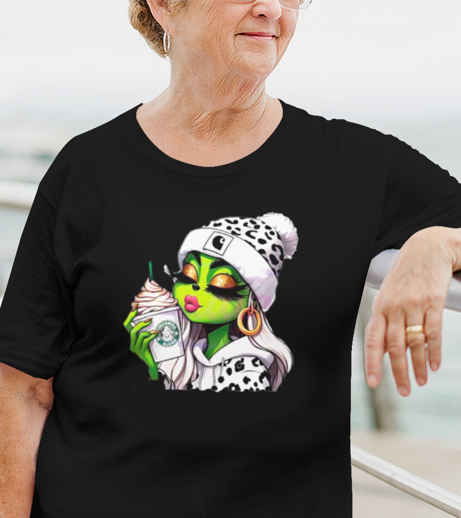 Grinchmas Blend Leopard Girl With Winter Leopard Beanie And Coffee Cup T-Shirt