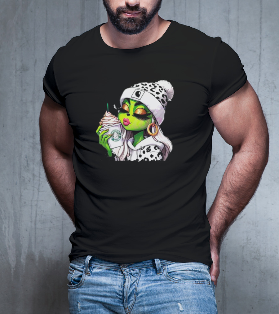 Grinchmas Blend Leopard Girl With Winter Leopard Beanie And Coffee Cup T-Shirt