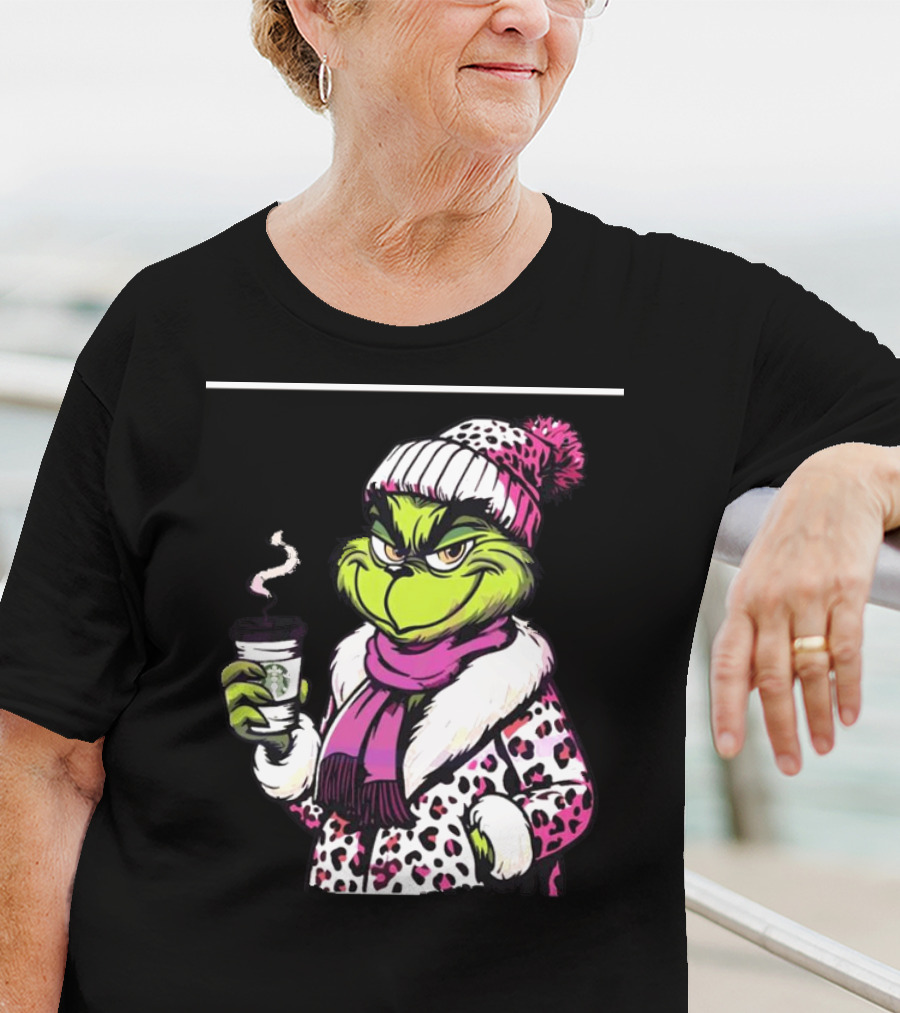 Grinchy And Bougie In Pink Leopard With Coffee Cup T-Shirt