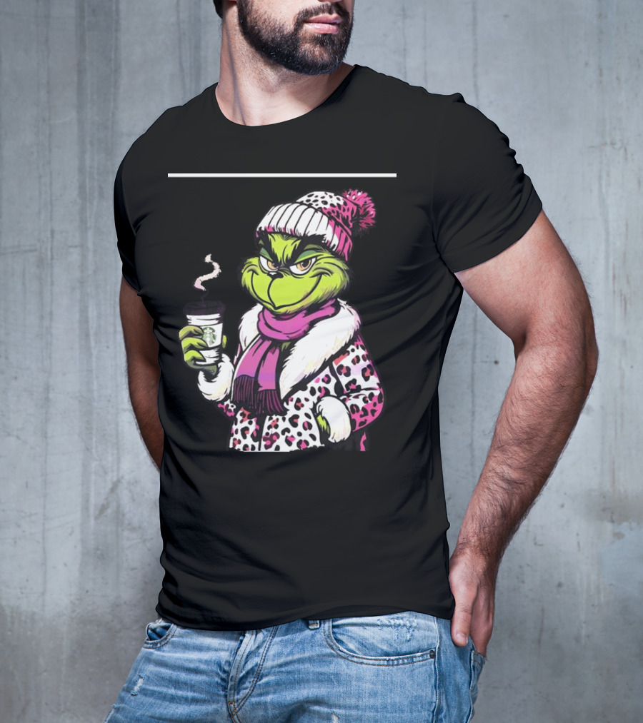 Grinchy And Bougie In Pink Leopard With Coffee Cup T-Shirt