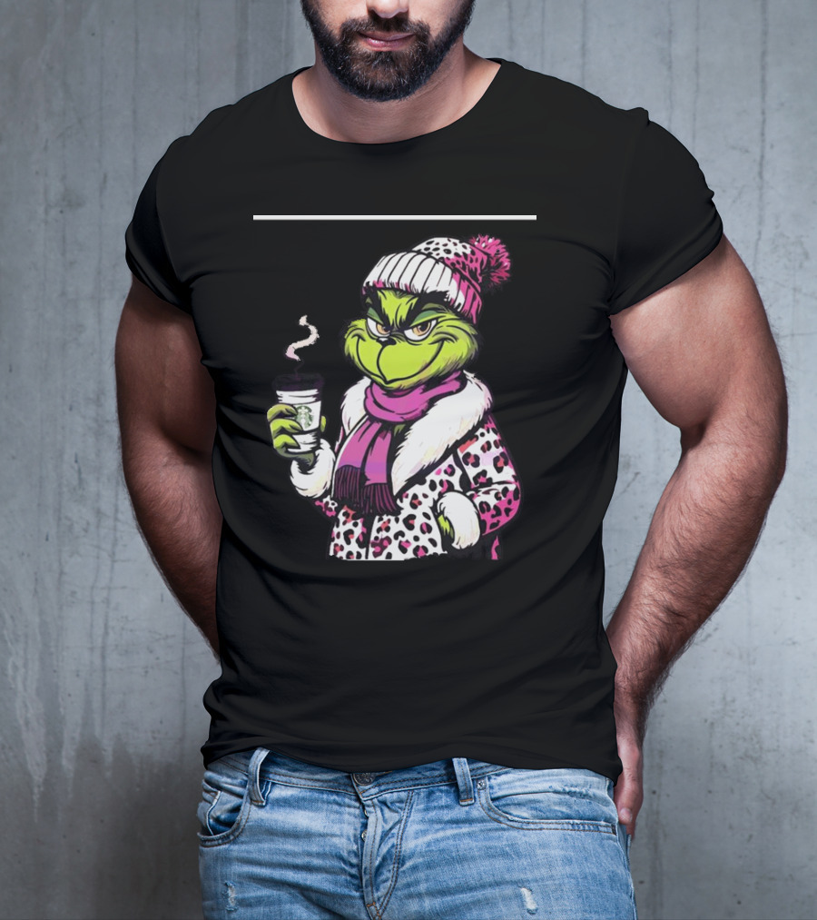Grinchy And Bougie In Pink Leopard With Coffee Cup T-Shirt