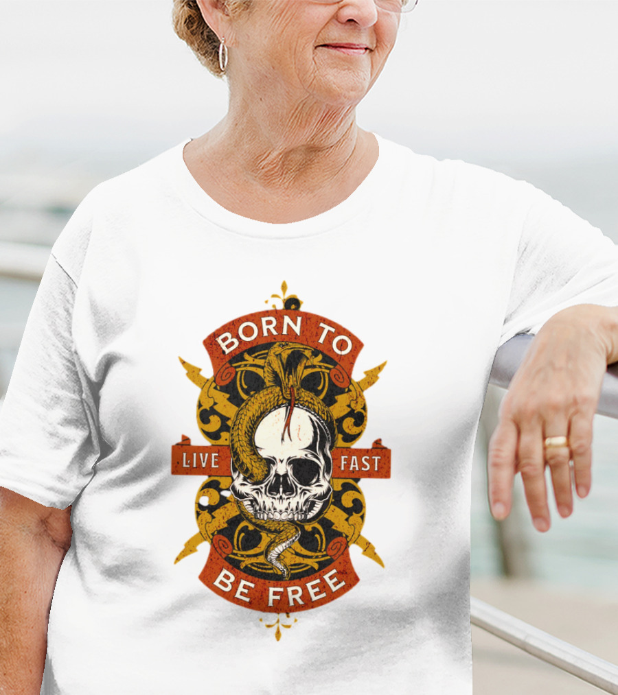 Born To Be Free Live Fast Skull With Snake And Ornate T-Shirt
