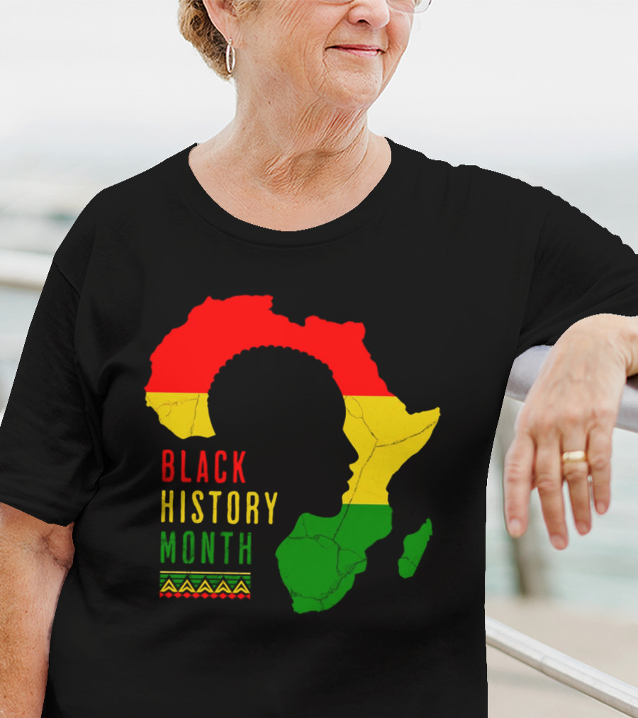 Black History Month African Continent Map With Red Yellow Green Colors And Afro T-Shirt