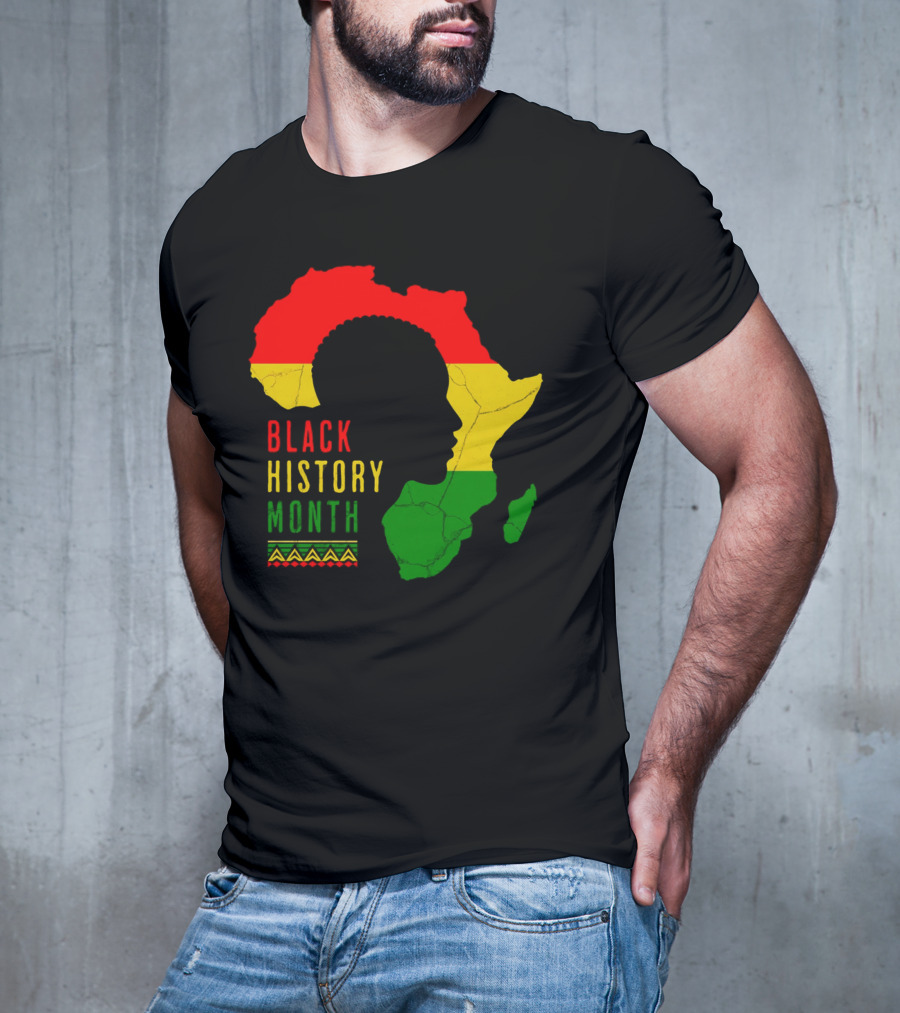 Black History Month African Continent Map With Red Yellow Green Colors And Afro T-Shirt