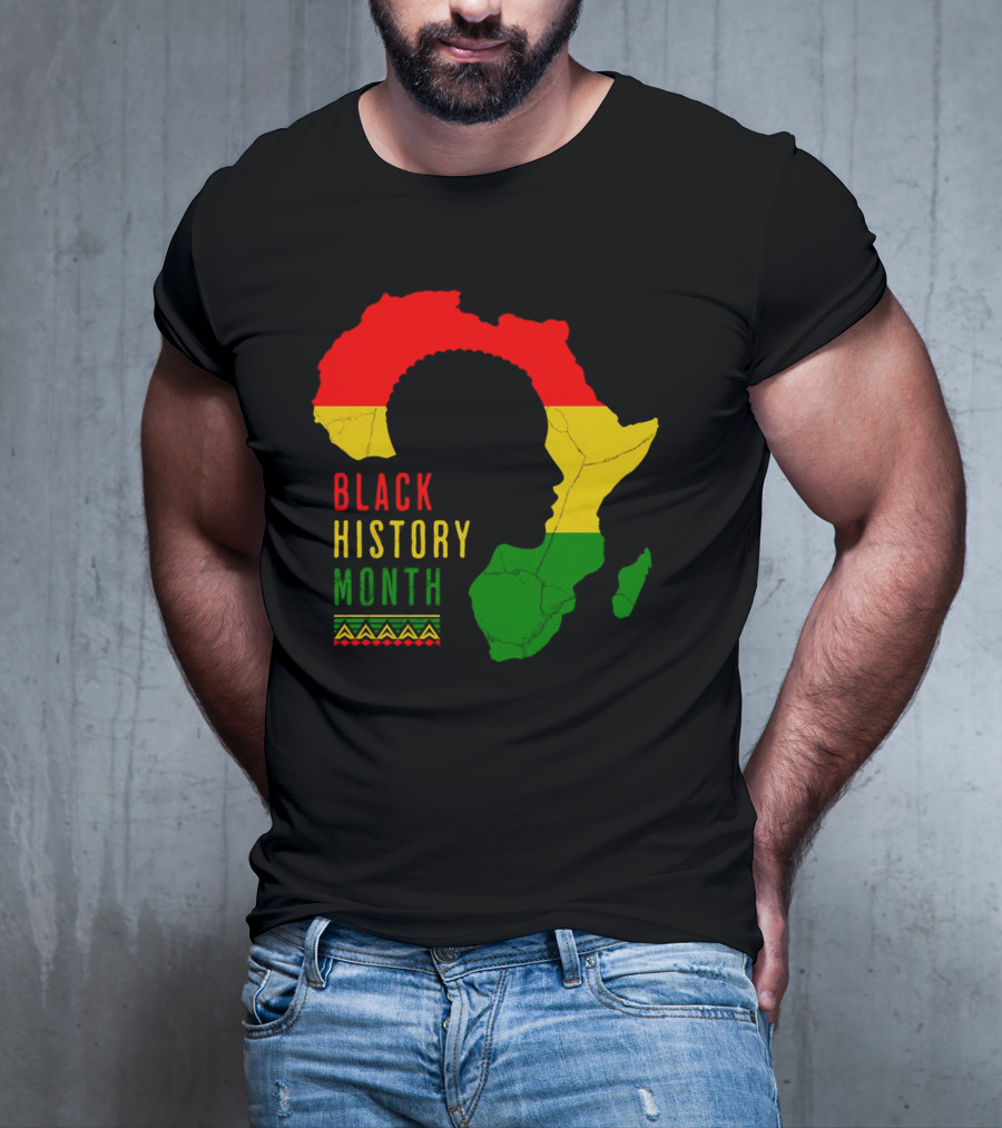 Black History Month African Continent Map With Red Yellow Green Colors And Afro T-Shirt