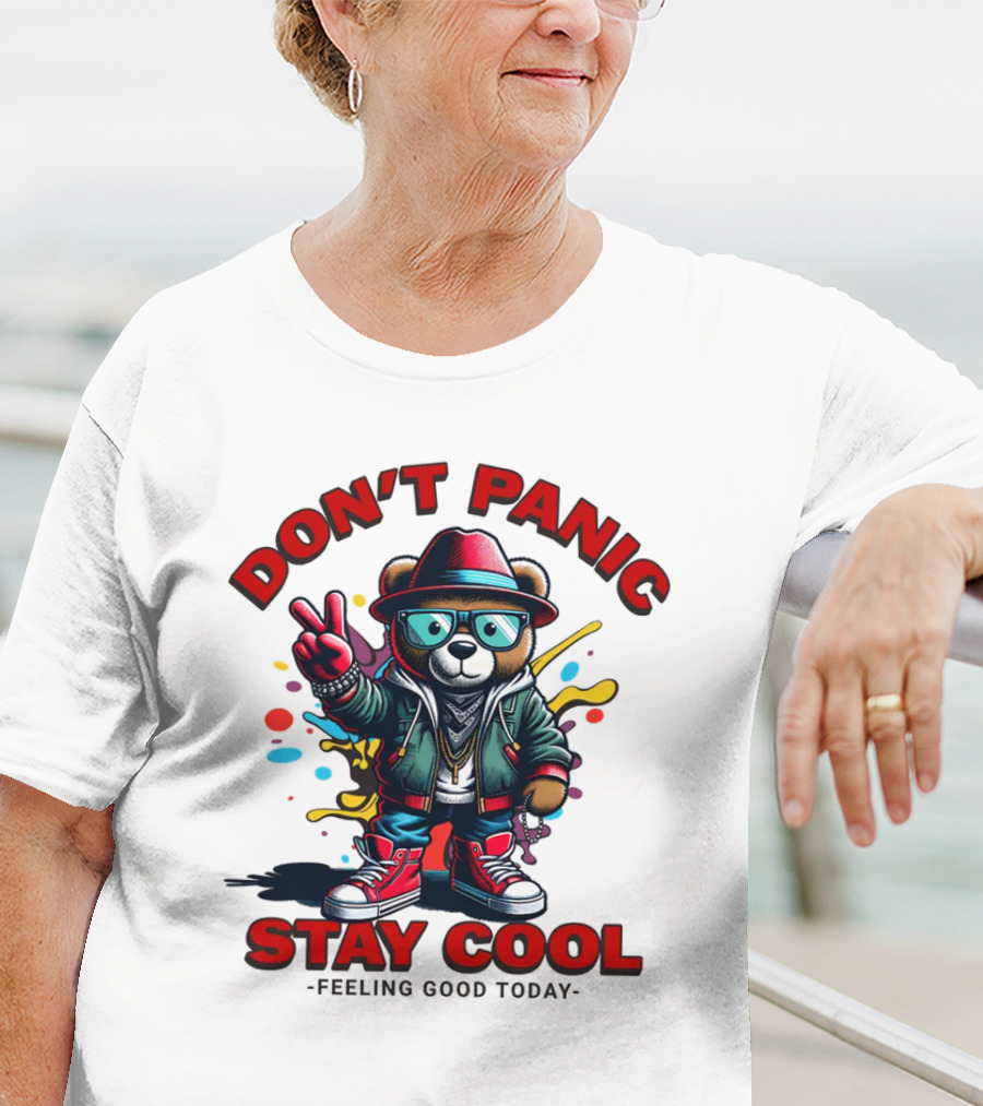Don't Panic Stay Cool Feeling Good Today Bear With Peace Sign T-Shirt