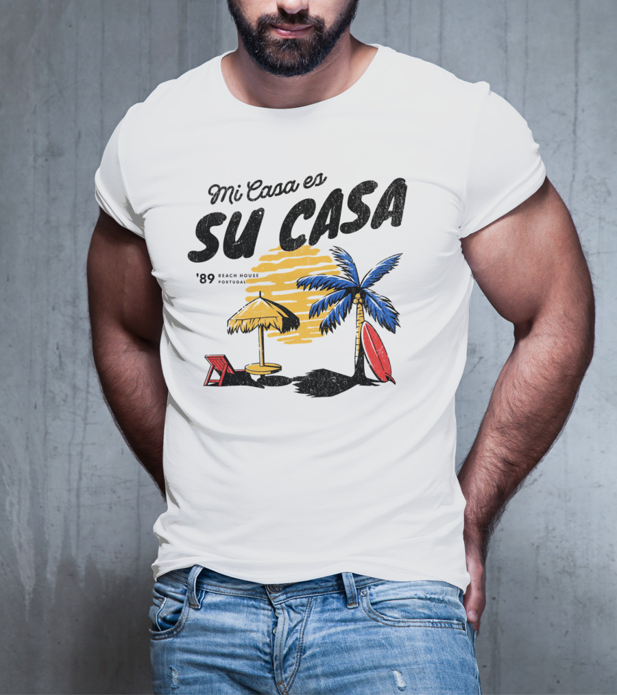 Mi Casa Es Su Casa '89 Beach House Portugal Palm Tree Umbrella Chair Surfboard T-Shirt