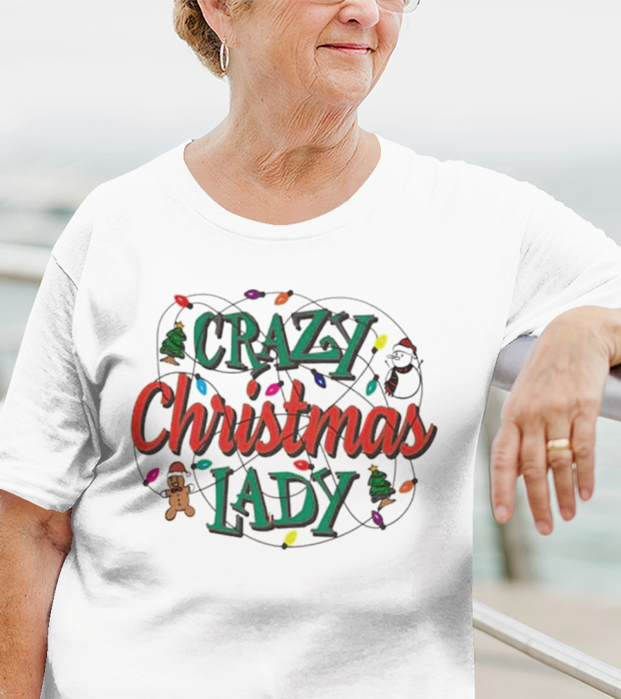 Crazy Christmas Lady Lights Gingerbread Tree Stocking T-Shirt