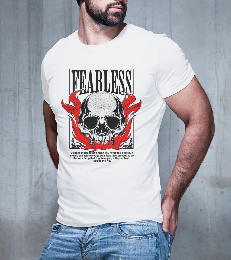 FEARLESS Skull With Red Flames Street Wear T-Shirt