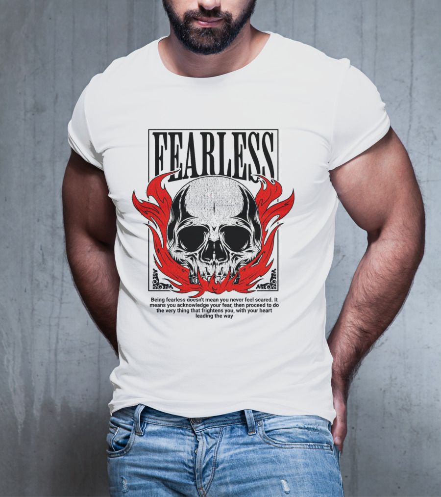 FEARLESS Skull With Red Flames Street Wear T-Shirt