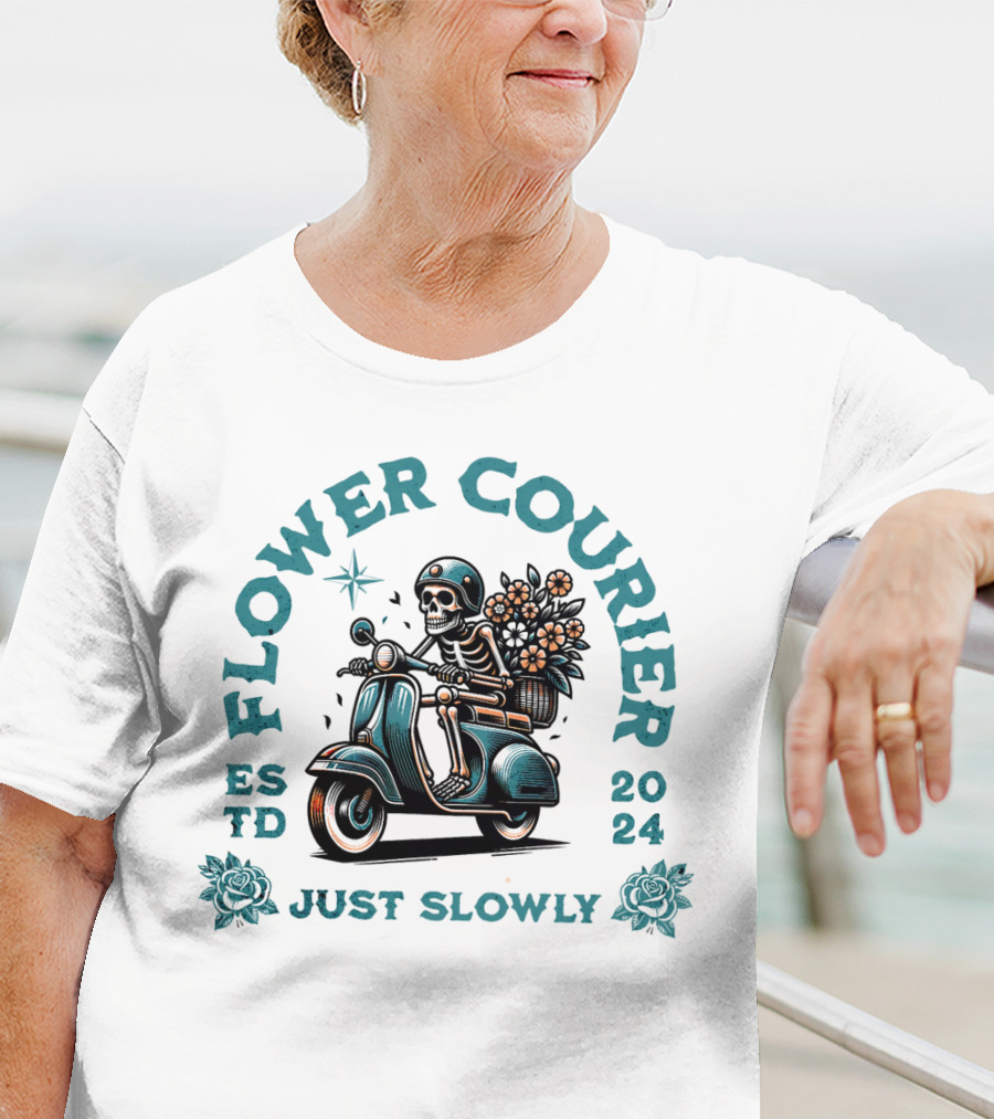 Flower Courier Skeleton Vespa Rider Just Slowly T-Shirt