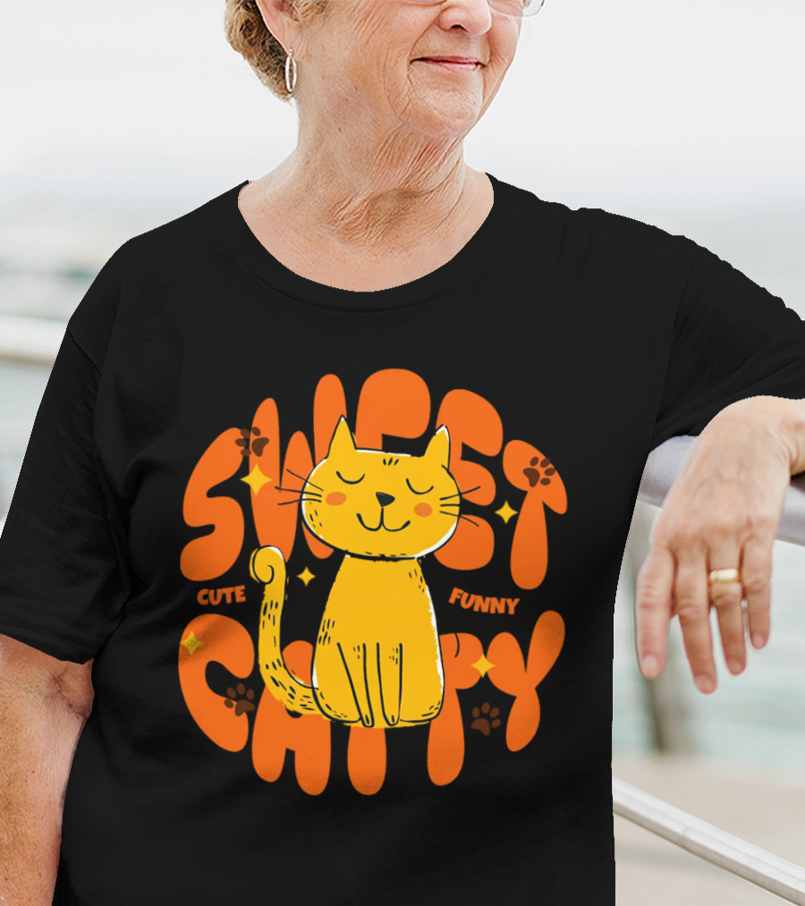 Cute Funny Sweet Cat Happy Yellow Cat With Paw Prints T-Shirt