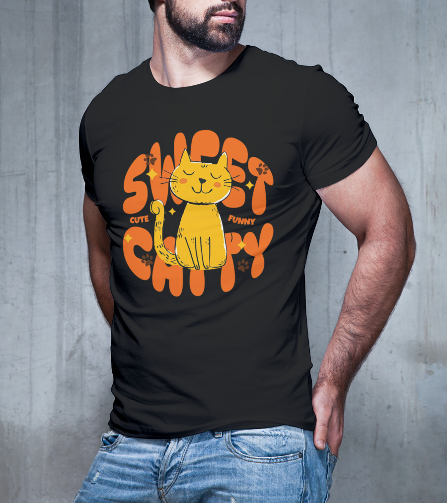 Cute Funny Sweet Cat Happy Yellow Cat With Paw Prints T-Shirt